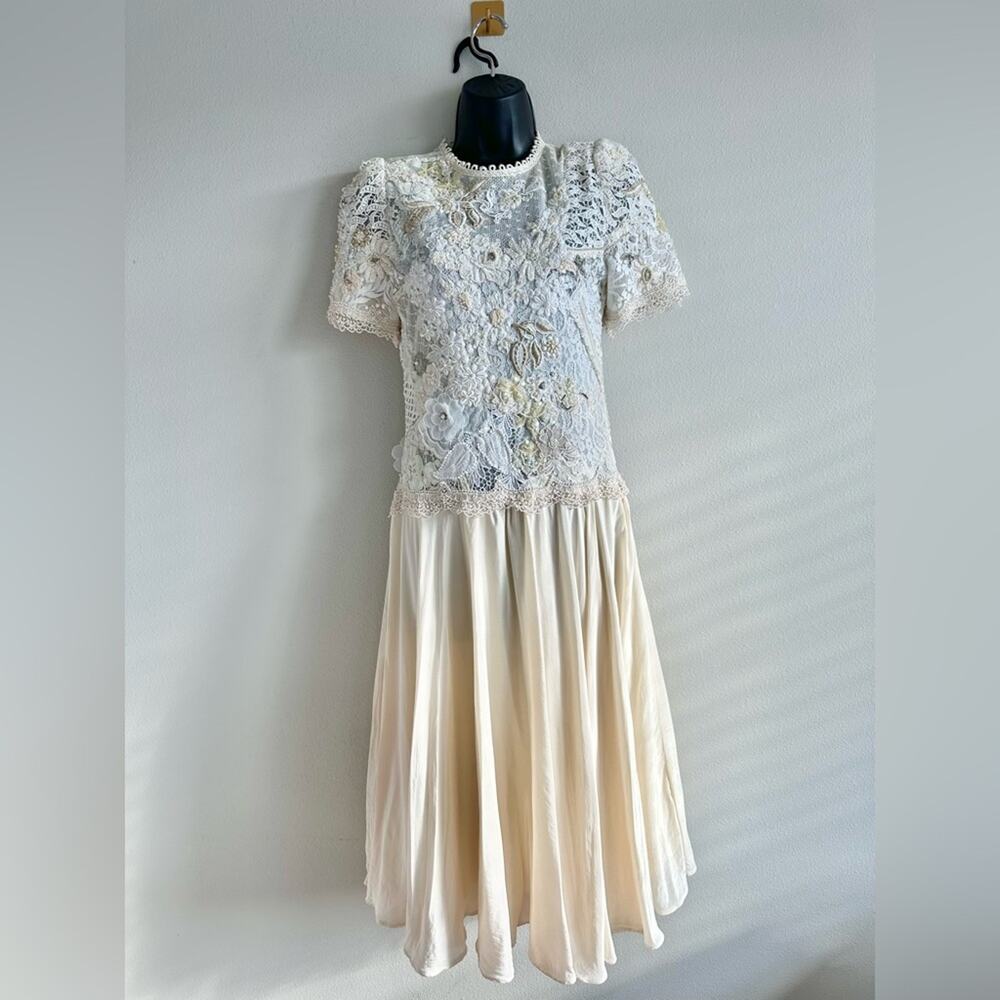 Vintage 1980s Lace Beaded Midi Dress | Ivory Puff Sleeve Bridal Prom Gown
